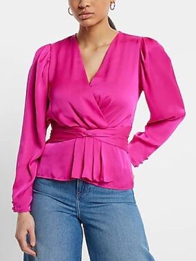 Satin V-Neck Twist Front Peplum Top